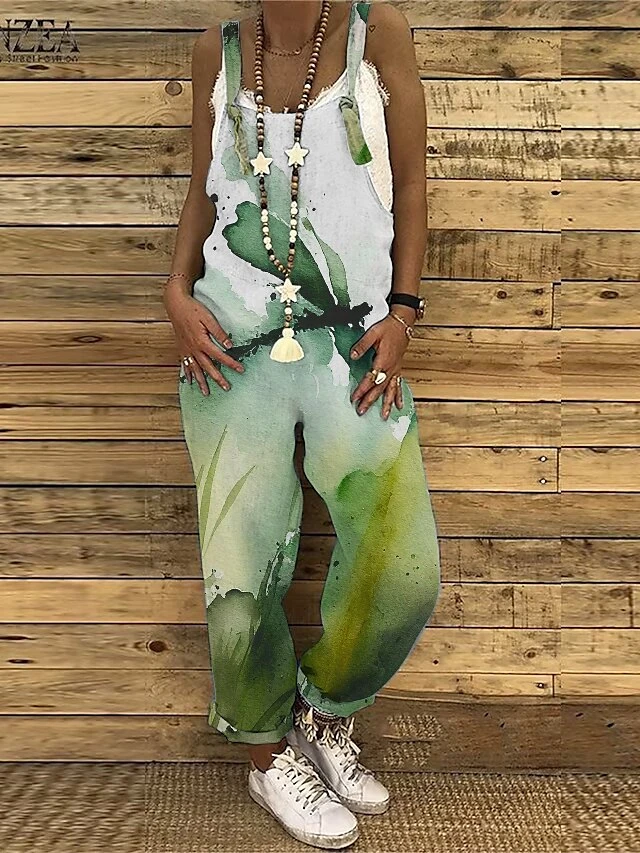 Women's Jumpsuit Floral Crew Neck Ordinary Home Vacation Straight Loose Fit Spaghetti Strap Tank White Light Green Navy Blue S M L Summer 9 Women's Jumpsuit Floral Crew Neck Ordinary Home Vacation Straight Loose Fit Spaghetti Strap Tank White Light Green Navy Blue S M L Summer - Image 9