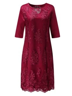 Women‘s Plus Size Curve Apple Shaped Dress Wedding Guest Lace Dress Work Dress Sheath Dress Floral Midi Dress Sleeve Lace Crew Neck Elegant Office Red Sky Blue Spring Summer Dress -Cheap Plus Fit Dress Store wagjcq1673503409739