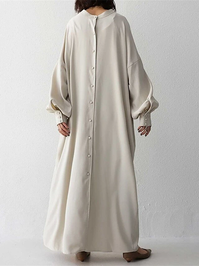 Women's Casual Dress Cotton Linen Dress Abaya Maxi Long Dress Linen / Cotton Blend Basic Classic Outdoor Daily Vacation Crew Neck Button Long Sleeve Spring Fall Winter 2023 Loose Fit Black Apricot 2 Women's Casual Dress Cotton Linen Dress Abaya Maxi Long Dress Linen / Cotton Blend Basic Classic Outdoor Daily Vacation Crew Neck Button Long Sleeve Spring Fall Winter 2023 Loose Fit Black Apricot - Image 2