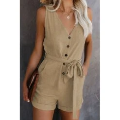 Women's Jumpsuits Casual Summer Romper Lace Up Button Front Solid Color V Neck Casual Daily Going Out Regular Fit Sleeveless Light Blue ArmyGreen Blue S M L Spring 16 Women's Jumpsuits Casual Summer Romper Lace Up Button Front Solid Color V Neck Casual Daily Going Out Regular Fit Sleeveless Light Blue ArmyGreen Blue S M L Spring -Cheap Plus Fit Dress Store wbbsjj1618303587628
