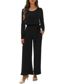 Women's Jumpsuit Pocket Solid Color Round Neck Active Daily Going Out Regular Fit Long Sleeve Black Wine Navy Blue S M L Fall -Cheap Plus Fit Dress Store wbfvyj1694149793209