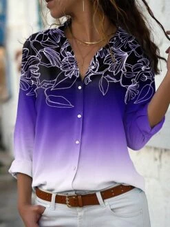 Women's Shirt Blouse Navy Blue Blue Purple Floral Color Gradient Sparkly Button Print Long Sleeve Holiday Weekend Streetwear Casual Shirt Collar Regular Fit Floral Spring Fall -Cheap Plus Fit Dress Store wbkwze1638781854207