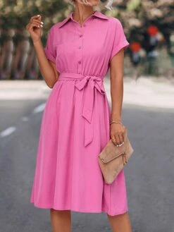 Women's Shirt Dress Casual Dress Midi Dress Outdoor Daily Date Polyester Casual Classic Shirt Collar Lace Up Ruched Short Sleeve Summer Spring 2023 Loose Fit Black Blue Rose Red Plain S M L XL -Cheap Plus Fit Dress Store wbmmth1677739301837