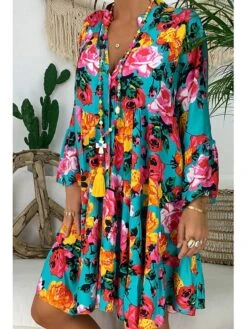 Women‘s Plus Size Curve Casual Dress Floral V Neck Print Long Sleeve Fall Spring Casual Short Mini Dress Daily Vacation Dress -Cheap Plus Fit Dress Store wbopij1660643938349