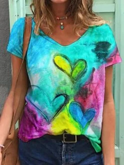 Women's T Shirt Tee Rainbow Heart Tie Dye Short Sleeve Daily Basic V Neck Regular Heart S