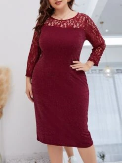 Women‘s Plus Size Curve Party Dress Lace Dress Cocktail Dress Midi Dress Wine Long Sleeve Pure Color Lace Spring Fall Winter Crew Neck Fashion Winter Dress Birthday Wedding Guest 2023 -Cheap Plus Fit Dress Store wbvcvm1691999690163