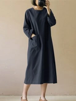 Women's Casual Dress Cotton Linen Dress Midi Dress Cotton Blend Basic Casual Outdoor Daily Vacation Crew Neck Pocket Long Sleeve Summer Spring Fall 2023 Loose Fit Black Wine Navy Blue Plain S M L XL 18 Women's Casual Dress Cotton Linen Dress Midi Dress Cotton Blend Basic Casual Outdoor Daily Vacation Crew Neck Pocket Long Sleeve Summer Spring Fall 2023 Loose Fit Black Wine Navy Blue Plain S M L XL -Cheap Plus Fit Dress Store wciegv1673848808799