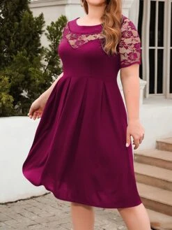 Women's Plus Size Curve Party Dress Lace Dress Semi Formal Dress Solid Color Midi Dress Short Sleeve Lace Crew Neck Fashion Party ArmyGreen Black Fall Winter XL XXL 3XL 4XL -Cheap Plus Fit Dress Store wckqtt1695813616475