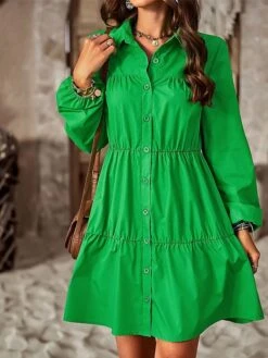 Women's Shirt Dress Casual Dress Maxi Long Dress Outdoor Daily Date Polyester Fashion Basic Shirt Collar Ruched Button Long Sleeve Spring Fall Winter 2023 Loose Fit Black Blue Purple Pure Color S M L -Cheap Plus Fit Dress Store wdeedl1695195743678