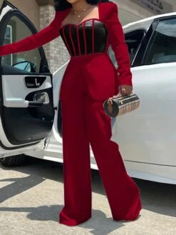 Women's Jumpsuit High Waist Color Block Square Neck Active Daily Vacation Wide Leg Slim Long Sleeve Black White Wine S M L Fall -Cheap Plus Fit Dress Store wdlyxd1697522337783