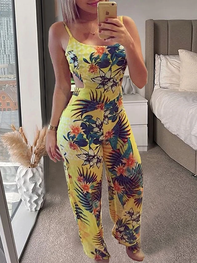 Women's Jumpsuit Backless Print Floral Round Neck Streetwear Street Daily Regular Fit Sleeveless Yellow S M L Summer 4 Women's Jumpsuit Backless Print Floral Round Neck Streetwear Street Daily Regular Fit Sleeveless Yellow S M L Summer - Image 4