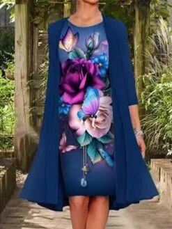 Women's Two Piece Dress Set Shift Dress Chiffon Dress Daily Going Out Casual Print Midi Dress Crew Neck 3/4 Length Sleeve Floral Regular Fit Navy Blue Light Purple Purple Summer Spring M L XL XXL XXXL -Cheap Plus Fit Dress Store wezyja1672827938444