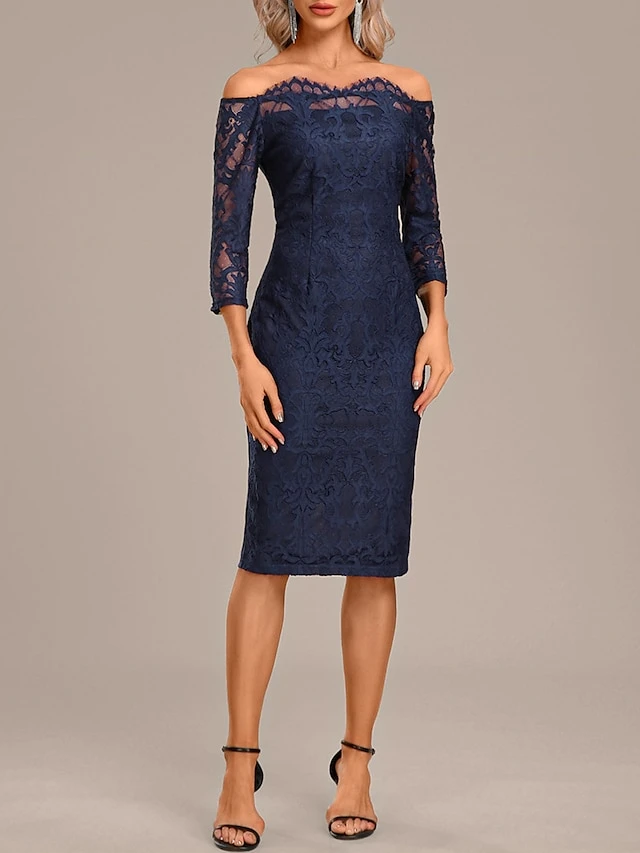 Women's Two Piece Dress Set Party Dress Lace Dress Party Outdoor Fashion Streetwear Lace Midi Dress Off Shoulder Long Sleeve Plain Regular Fit Navy Blue Fall Winter S M L XL XXL 4 Women's Two Piece Dress Set Party Dress Lace Dress Party Outdoor Fashion Streetwear Lace Midi Dress Off Shoulder Long Sleeve Plain Regular Fit Navy Blue Fall Winter S M L XL XXL - Image 4