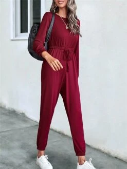 Women's Jumpsuit Drawstring Solid Color Crew Neck Streetwear Street Daily Regular Fit 3/4 Length Sleeve Black Red S M L Fall -Cheap Plus Fit Dress Store wficzo1690941126485