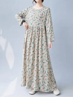 Women's Casual Dress Linen Dress Swing Dress Maxi Long Dress Linen Fashion Modern Outdoor Daily Holiday Crew Neck Print Long Sleeve Fall Winter Autumn 2023 Loose Fit Apricot Flower L XL 2XL -Cheap Plus Fit Dress Store wflftz1693553168603