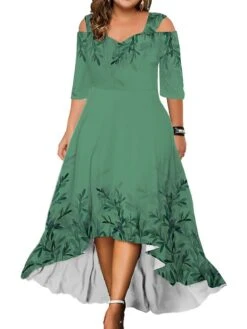 Women‘s Plus Size Curve Party Dress Wedding Guest Dress Swing Dress Long Dress Maxi Dress Light Green Blue Green Half Sleeve Floral Cold Shoulder Summer Spring Fall V Neck Fashion Birthday -Cheap Plus Fit Dress Store wfpxji1690858080615