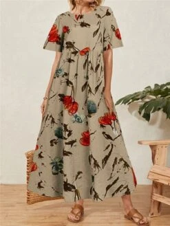 Women's Casual Dress Cotton Linen Dress Swing Dress Maxi Long Dress Cotton Blend Basic Casual Outdoor Daily Vacation Crew Neck Ruched Print Short Sleeve Summer Spring 2023 Loose Fit Green Khaki Flower -Cheap Plus Fit Dress Store wfsroe1676517652181