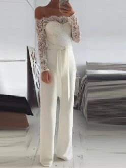 Women's Jumpsuit Lace Backless Color Block Off Shoulder Streetwear Wedding Party Regular Fit Long Sleeve Black White S M L Fall