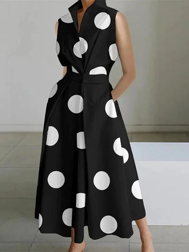 Women's Shirt Dress Casual Dress Swing Dress Maxi Long Dress Outdoor Office Daily Satin Fashion Modern Shirt Collar Button Pocket Sleeveless Summer Spring 2023 Regular Fit Black White Green Polka Dot 4 Women's Shirt Dress Casual Dress Swing Dress Maxi Long Dress Outdoor Office Daily Satin Fashion Modern Shirt Collar Button Pocket Sleeveless Summer Spring 2023 Regular Fit Black White Green Polka Dot - Image 4