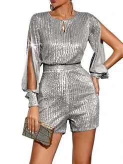 Women‘s Romper Split Sparkly Sequin Solid Color Crew Neck Streetwear Party Going Out Regular Fit Long Sleeve Black White Light Green S M L Fall 13 Women‘s Romper Split Sparkly Sequin Solid Color Crew Neck Streetwear Party Going Out Regular Fit Long Sleeve Black White Light Green S M L Fall -Cheap Plus Fit Dress Store wgensp1691747301792
