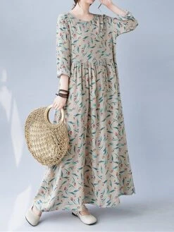 Women's Casual Dress Linen Dress Swing Dress Maxi Long Dress Linen Fashion Modern Outdoor Daily Holiday Crew Neck Print Long Sleeve Fall Winter Autumn 2023 Loose Fit Apricot Flower L XL 2XL -Cheap Plus Fit Dress Store wgipns1693553156920