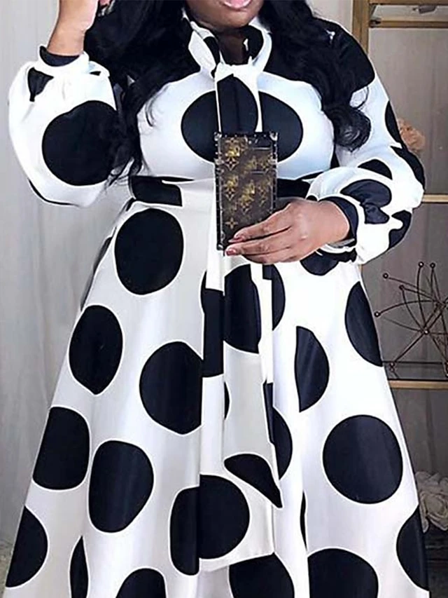 Women's Plus Size Work Dress Swing Dress Black Dress Fashion Long Dress Maxi Dress Lace Up Print High Neck Long Sleeve Polka Dot Loose Fit Black Spring Fall L XL XXL 3XL 4XL 2 Women's Plus Size Work Dress Swing Dress Black Dress Fashion Long Dress Maxi Dress Lace Up Print High Neck Long Sleeve Polka Dot Loose Fit Black Spring Fall L XL XXL 3XL 4XL - Image 2