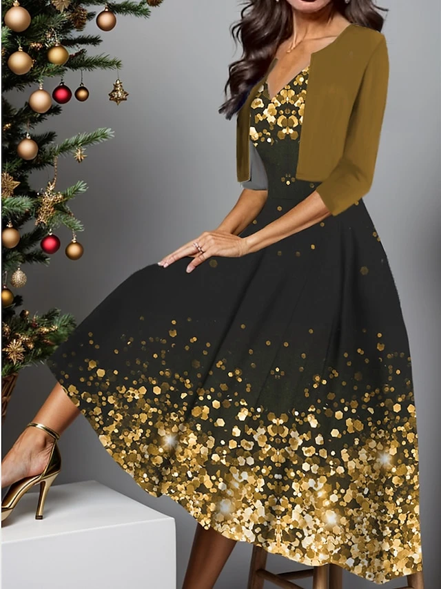 Women's Two Piece Dress Set Casual Dress Swing Dress Outdoor Daily Fashion Elegant Print Midi Dress V Neck Half Sleeve Ombre Regular Fit Wine Blue Gold Fall Winter S M L XL XXL 3 Women's Two Piece Dress Set Casual Dress Swing Dress Outdoor Daily Fashion Elegant Print Midi Dress V Neck Half Sleeve Ombre Regular Fit Wine Blue Gold Fall Winter S M L XL XXL - Image 3