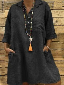 Women‘s Plus Size Curve Casual Dress Solid Color Shirt Collar 3/4 Length Sleeve Fall Spring Casual Classic Mini Dress Daily Vacation Dress -Cheap Plus Fit Dress Store whiccg1672022972945