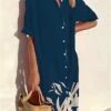 Women's Shirt Dress Casual Dress Midi Dress Outdoor Office Daily Polyester Fashion Modern Shirt Collar Button Print 3/4 Length Sleeve Summer Spring Fall 2023 Loose Fit Wine Navy Blue Blue Leaf S M L
