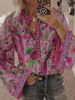 Women's Blouse Shirt Blue Yellow Orange Geometric Long Sleeve Daily Shirt Collar Loose Fit S -Cheap Plus Fit Dress Store whxtwv1617964841597