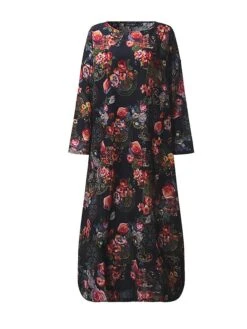 Women's Casual Dress Cotton Linen Dress Loose Dress Maxi Long Dress Linen / Cotton Blend Daily Stylish Outdoor Daily Vacation Crew Neck Print Long Sleeve Spring Fall Winter 2023 Loose Fit Wine Red -Cheap Plus Fit Dress Store widctn1695014791349