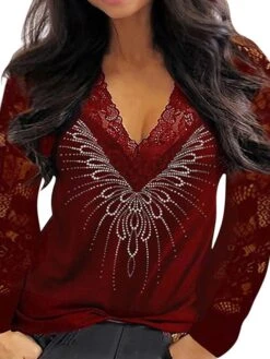 Women's Blouse Cotton Black Red Navy Blue Plain Lace Long Sleeve Daily Weekend Streetwear Basic V Neck Regular Fit Spring Fall Winter -Cheap Plus Fit Dress Store wistbx1637667660670