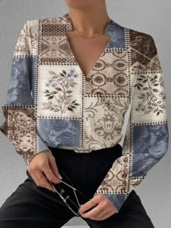 Women's Shirt Blouse Red Blue Brown Graphic Geometric Print Long Sleeve Casual Daily Basic V Neck Regular Fit Geometric Fall & Winter -Cheap Plus Fit Dress Store wizsvj1690511655827