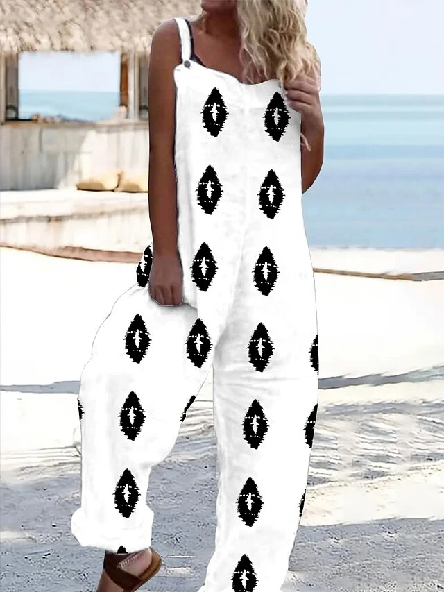 Women's Jumpsuit Print Geometric Crew Neck Holiday Daily Weekend Straight Loose Fit Strap Sleeveless Black White Light Grey S M L Summer 1 Women's Jumpsuit Print Geometric Crew Neck Holiday Daily Weekend Straight Loose Fit Strap Sleeveless Black White Light Grey S M L Summer