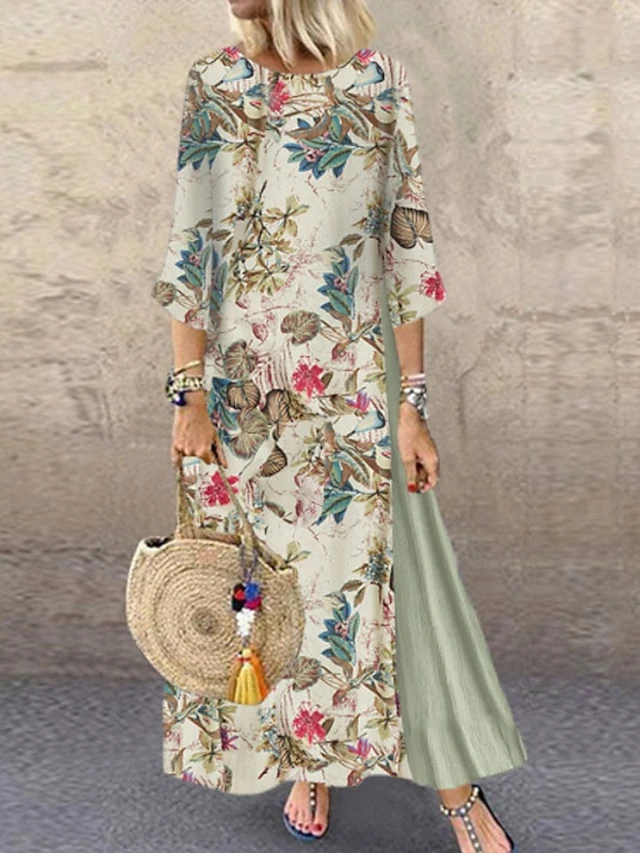 Women's Plus Size Holiday Dress Floral Crew Neck Print 3/4 Length Sleeve Fall Spring Casual Maxi Long Dress Causal Daily Dress / Linen 4 Women's Plus Size Holiday Dress Floral Crew Neck Print 3/4 Length Sleeve Fall Spring Casual Maxi Long Dress Causal Daily Dress / Linen - Image 4