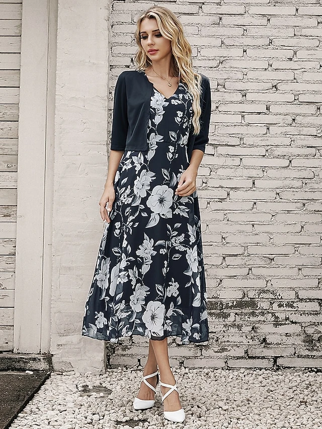 Women's Two Piece Dress Set Casual Dress Chiffon Dress Outdoor Daily Fashion Elegant Print Midi Dress V Neck Half Sleeve Floral Regular Fit Black Pink Gray Summer Spring S M L XL XXL 2 Women's Two Piece Dress Set Casual Dress Chiffon Dress Outdoor Daily Fashion Elegant Print Midi Dress V Neck Half Sleeve Floral Regular Fit Black Pink Gray Summer Spring S M L XL XXL - Image 2