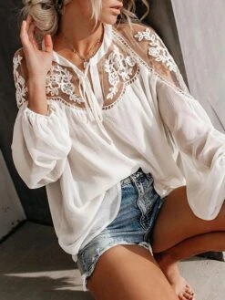 Women's Shirt Blouse Cotton Black White Plain Lace Up Lace Long Sleeve Casual Fashion Daily Basic V Neck Loose Fit Fall & Winter -Cheap Plus Fit Dress Store wkdfvs1690884908404
