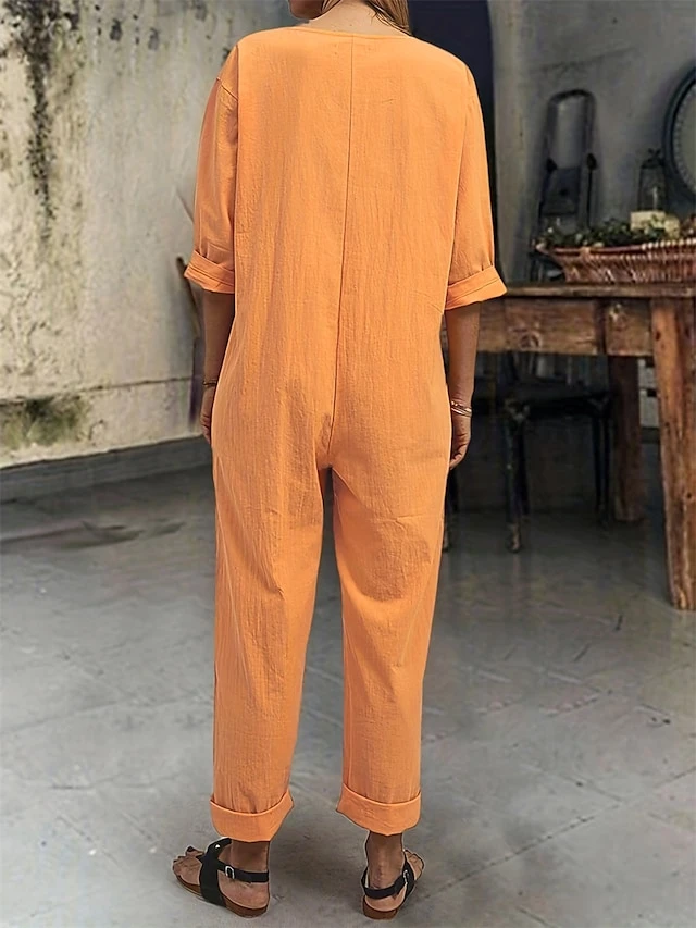 Women's Jumpsuit Button Pocket Solid Color Round Neck Streetwear Home Daily Slim Half Sleeve Black Red Blue S M L Fall 3 Women's Jumpsuit Button Pocket Solid Color Round Neck Streetwear Home Daily Slim Half Sleeve Black Red Blue S M L Fall - Image 3