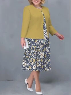 Women's Plus Size Curve Two Piece Dress Set Casual Dress Print Dress Outdoor Office Fashion Streetwear Print Midi Dress Crew Neck Long Sleeve Floral White Yellow Navy Blue Fall Winter L XL XXL -Cheap Plus Fit Dress Store wkspim1692945581125