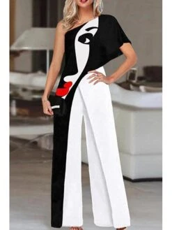Women's Jumpsuit For Special Occasions Print One Shoulder Elegant Party Prom Regular Fit Half Sleeve S M L SummerFall -Cheap Plus Fit Dress Store wkyafk1680253444007