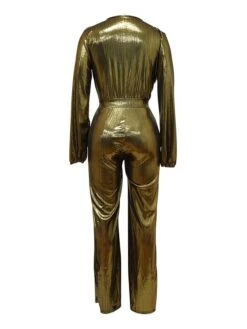 Women's Jumpsuit High Christmas Waist Solid Color V Neck Streetwear Party Xmas Street Regular Fit Long Sleeve Gold Green S M L Fall -Cheap Plus Fit Dress Store wlhscl1695281845895