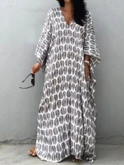 Women's Casual Dress Cotton Linen Dress A Line Dress Maxi Long Dress Polyester Fashion Casual Outdoor Daily Vacation V Neck Print 3/4 Length Sleeve Spring Fall Winter 2023 Loose Fit White Leaf -Cheap Plus Fit Dress Store wliryi1692266337673