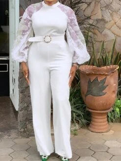 Women's Jumpsuit Lace Up Mesh Solid Color Round Neck Business Office Work Regular Fit Long Sleeve White S M L Fall