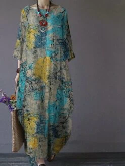 Women's Plus Size Curve Shift Dress Graphic Round Neck Print 3/4 Length Sleeve Fall Spring Basic Casual Maxi Long Dress Vacation Weekend Dress -Cheap Plus Fit Dress Store wlxbmn1635933600914