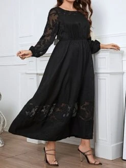 Women's Plus Size Party Dress Wedding Guest Dress Black Dress Long Dress Maxi Dress Black Long Sleeve Flower Lace Spring Fall Winter Crew Neck Fashion Winter Dress Evening Party Wedding Guest 2023 XL -Cheap Plus Fit Dress Store wlybde1693535285305