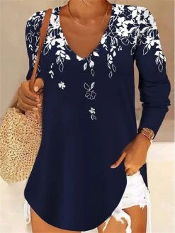 Women's T Shirt Tee Pink Navy Blue Blue Floral Print Long Sleeve Holiday Weekend Basic V Neck Regular Fit Floral Painting Fall & Winter
