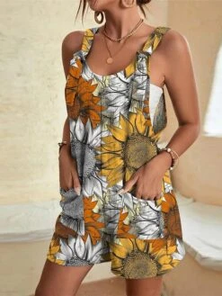 Womens Jumpsuits Casual Summer Overall Patch Pocket Print Floral Crew Neck Streetwear Daily Vacation Regular Fit Sleeveless Black White Yellow S M L -Cheap Plus Fit Dress Store wmmmdt1684214510047