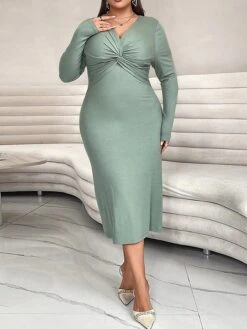 Women's Plus Size Curve Casual Dress Winter Dress Bodycon Solid Color Midi Dress Long Sleeve Ruched V Neck Fashion Outdoor Green Fall Winter XL XXL 3XL