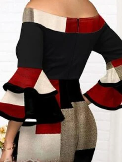 Women‘s Plus Size Curve Party Dress Plaid Off Shoulder Print 3/4 Length Sleeve Spring Fall Elegant Mature Midi Dress Formal Work Dress -Cheap Plus Fit Dress Store wndavl1649309833639