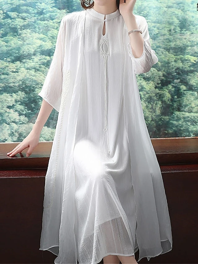 Women's Two Piece Dress Set Casual Dress Chiffon Dress Daily Holiday Fashion Streetwear Layered Midi Dress Stand Collar 3/4 Length Sleeve Plain Regular Fit White Beige Fall Winter M L XL XXL 3XL 6 Women's Two Piece Dress Set Casual Dress Chiffon Dress Daily Holiday Fashion Streetwear Layered Midi Dress Stand Collar 3/4 Length Sleeve Plain Regular Fit White Beige Fall Winter M L XL XXL 3XL - Image 6